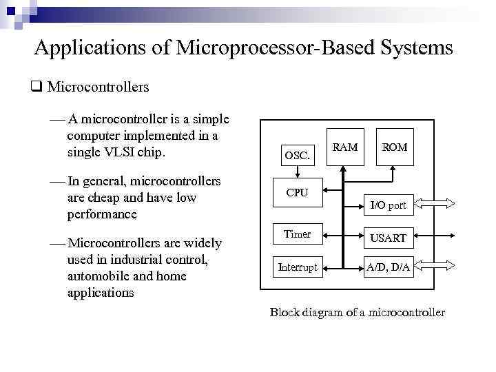 Applications of Microprocessor-Based Systems q Microcontrollers ¾ A microcontroller is a simple computer implemented