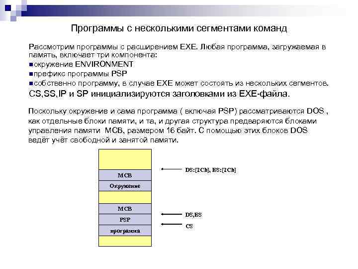 Программы с несколькими сегментами команд Рассмотрим программы с расширением ЕХЕ. Любая программа, загружаемая в