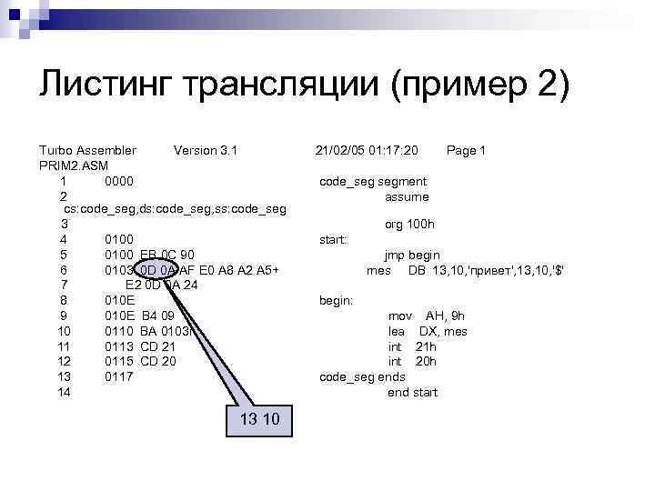 Листинг трансляции (пример 2) Turbo Assembler Version 3. 1 PRIM 2. ASM 1 0000