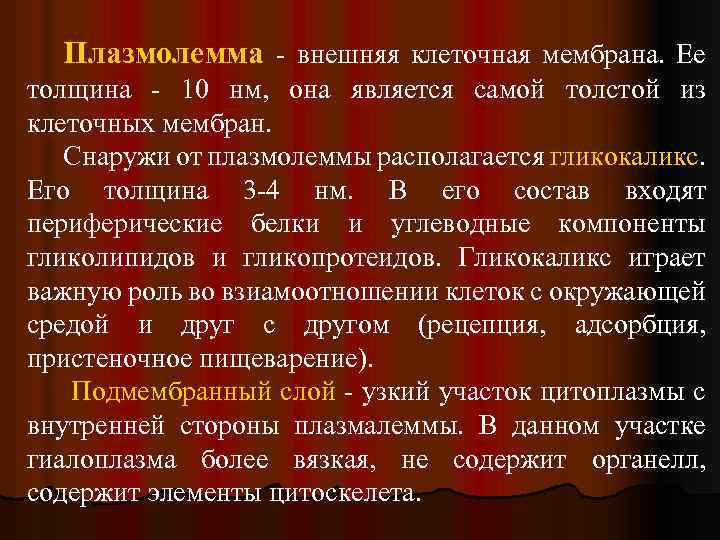 Плазмолемма - внешняя клеточная мембрана. Ее толщина - 10 нм, она является самой толстой