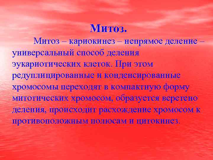 Митоз. Митоз – кариокинез – непрямое деление – универсальный способ деления эукариотических клеток. При