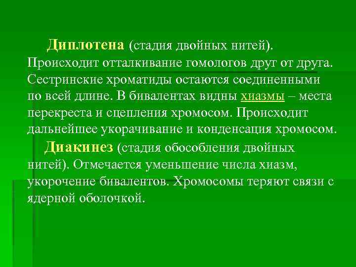  Диплотена (стадия двойных нитей). Происходит отталкивание гомологов друг от друга. Сестринские хроматиды остаются