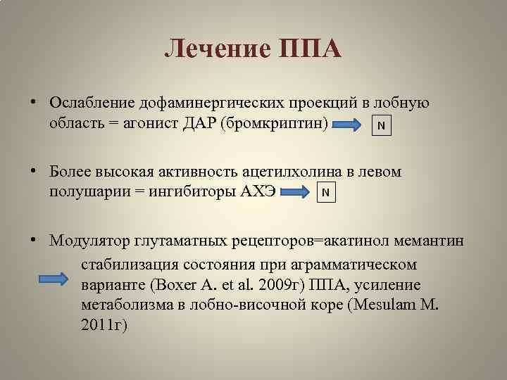 Лечение ППА • Ослабление дофаминергических проекций в лобную область = агонист ДАР (бромкриптин) N