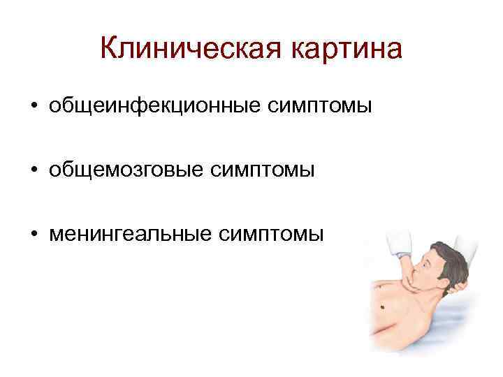 Клиническая картина • общеинфекционные симптомы • общемозговые симптомы • менингеальные симптомы 