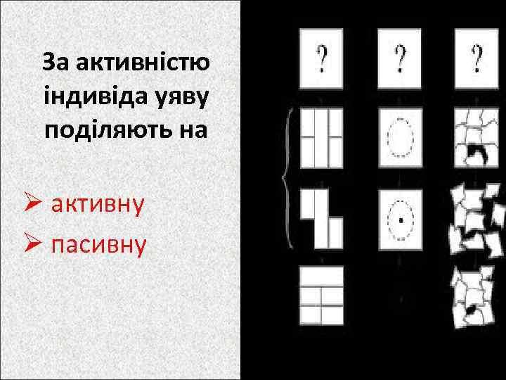 За активністю індивіда уяву поділяють на Ø активну Ø пасивну 