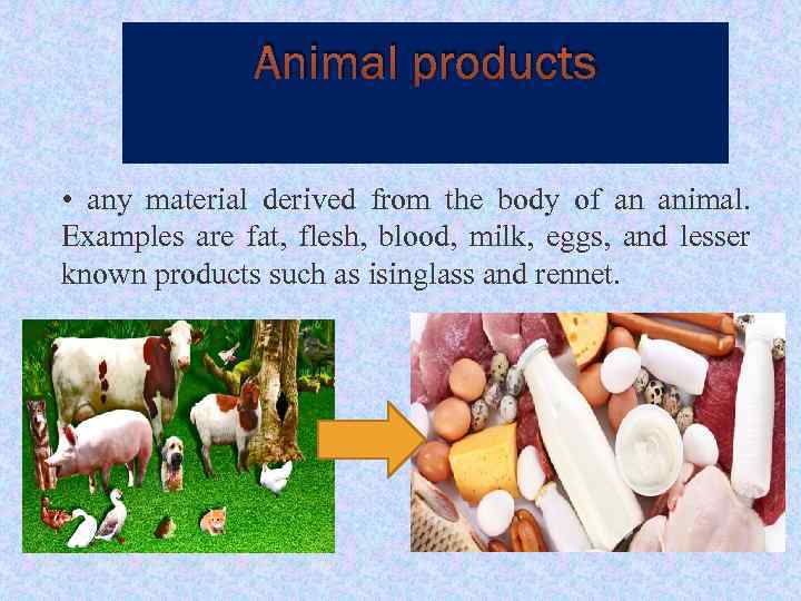 Animal products • any material derived from the body of an animal. Examples are