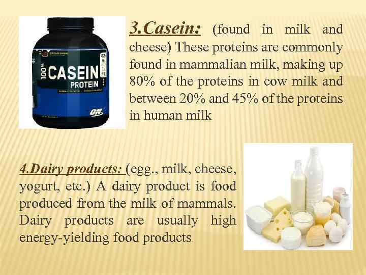 3. Casein: (found in milk and cheese) These proteins are commonly found in mammalian