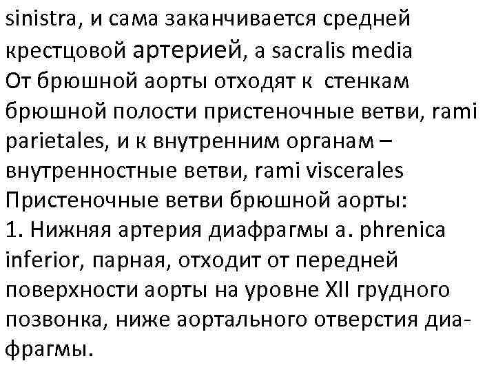 sinistra, и сама заканчивается средней крестцовой артерией, a sacralis media От брюшной аорты отходят