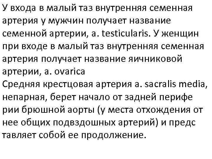 У входа в малый таз внутренняя семенная артерия у мужчин получает название семенной артерии,