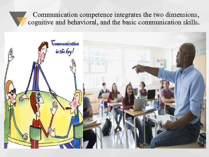 Communication competence integrates the two dimensions, cognitive and behavioral, and the basic communication skills.