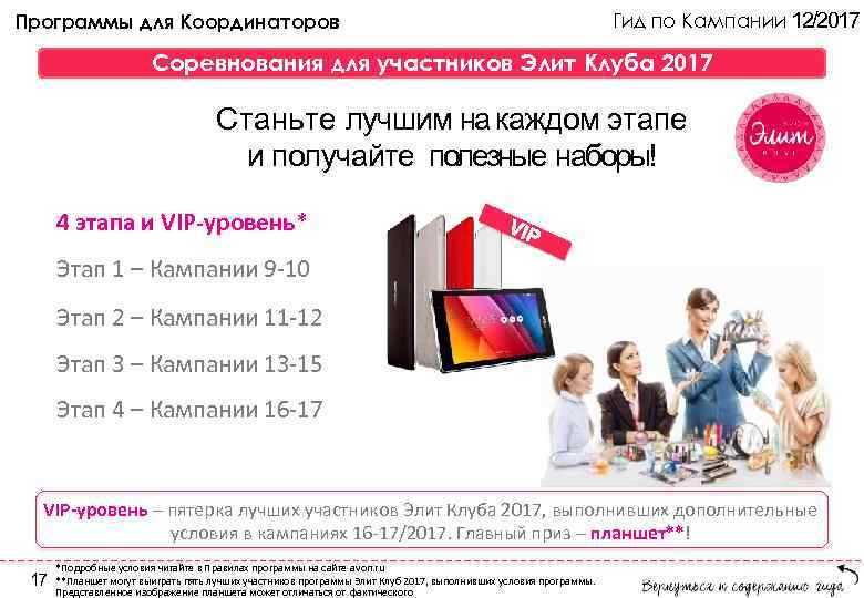 Программы для Координаторов Гид по Кампании 12/2017 Соревнования для участников Элит Клуба 2017 Станьте