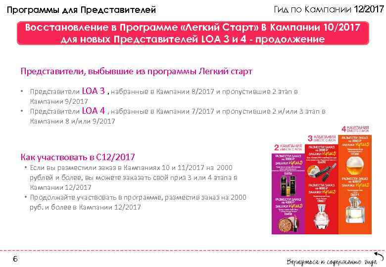 Программы для Представителей Гид по Кампании 12/2017 Восстановление в Программе «Легкий Старт» В Кампании