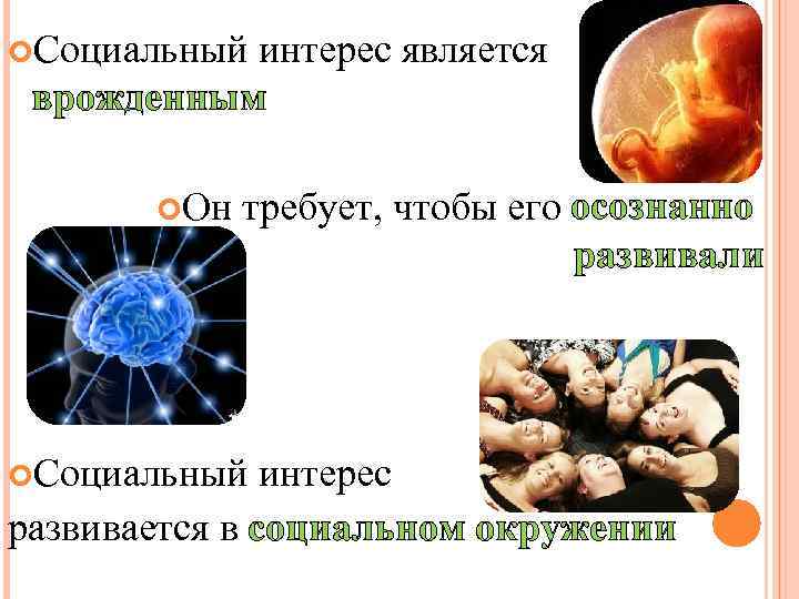  Социальный интерес является врожденным Он требует, чтобы его осознанно развивали Социальный интерес развивается