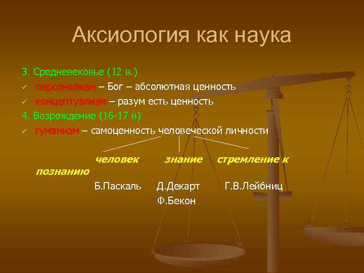 Аксиология как наука 3. Средневековье (12 в. ) ü персонализм – Бог – абсолютная