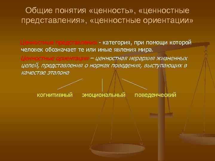 Общие понятия «ценность» , «ценностные представления» , «ценностные ориентации» Ценностные представления - категория, при