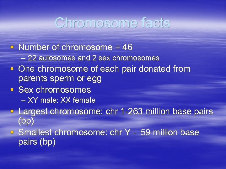 Chromosome facts § Number of chromosome = 46 – 22 autosomes and 2 sex