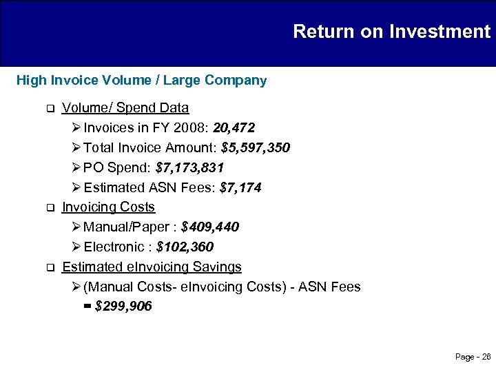 Return on Investment High Invoice Volume / Large Company q q q Volume/ Spend