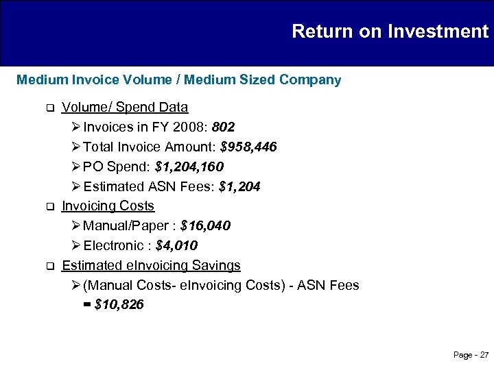 Return on Investment Medium Invoice Volume / Medium Sized Company q q q Volume/