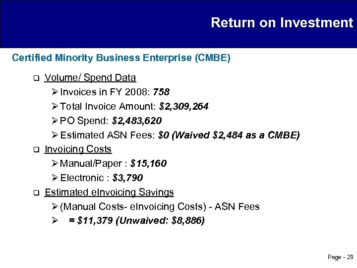 Return on Investment Certified Minority Business Enterprise (CMBE) q q q Volume/ Spend Data