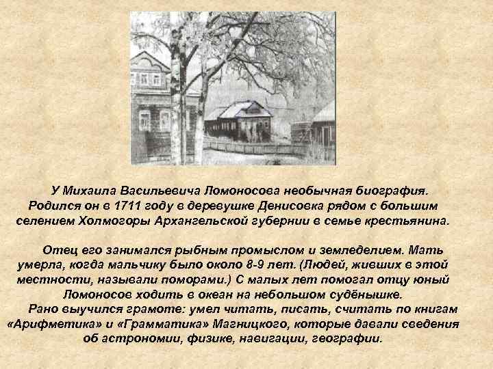 У Михаила Васильевича Ломоносова необычная биография. Родился он в 1711 году в деревушке Денисовка