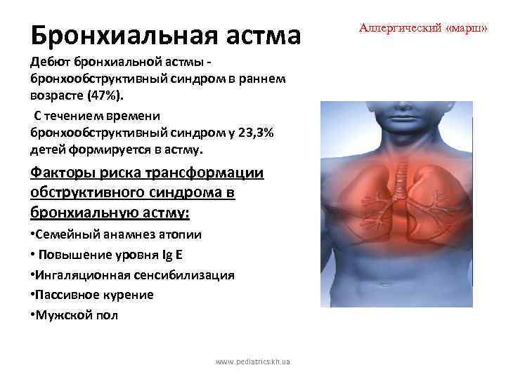 Бронхиальная астма Дебют бронхиальной астмы бронхообструктивный синдром в раннем возрасте (47%). С течением времени
