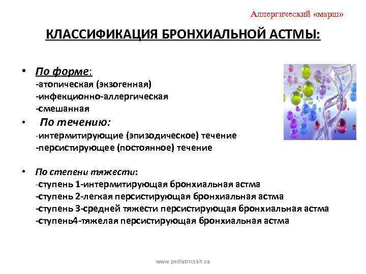 Аллергический «марш» КЛАССИФИКАЦИЯ БРОНХИАЛЬНОЙ АСТМЫ: • По форме: -атопическая (экзогенная) -инфекционно-аллергическая -смешанная • По