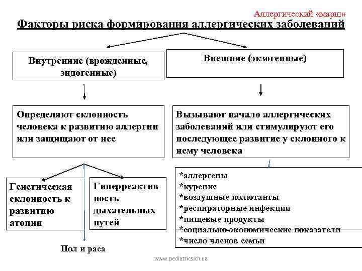 Аллергический «марш» Факторы риска формирования аллергических заболеваний Внешние (экзогенные) Внутренние (врожденные, эндогенные) Определяют склонность
