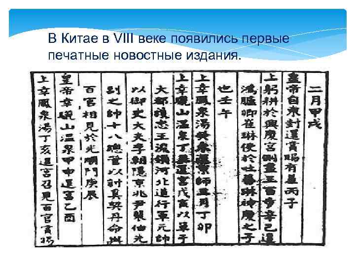 В Китае в VIII веке появились первые печатные новостные издания. 