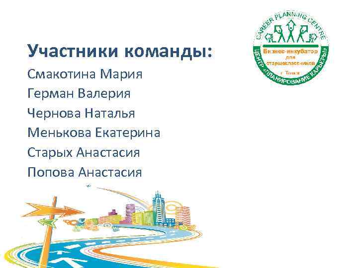 Участники команды: Смакотина Мария Герман Валерия Чернова Наталья Менькова Екатерина Старых Анастасия Попова Анастасия