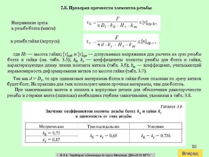 2. 8. Проверка прочности элементов резьбы Напряжение среза в резьбе болта (винта) в резьбе