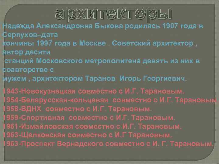 архитекторы Надежда Александровна Быкова родилась 1907 года в Серпухов–дата кончины 1997 года в Москве.