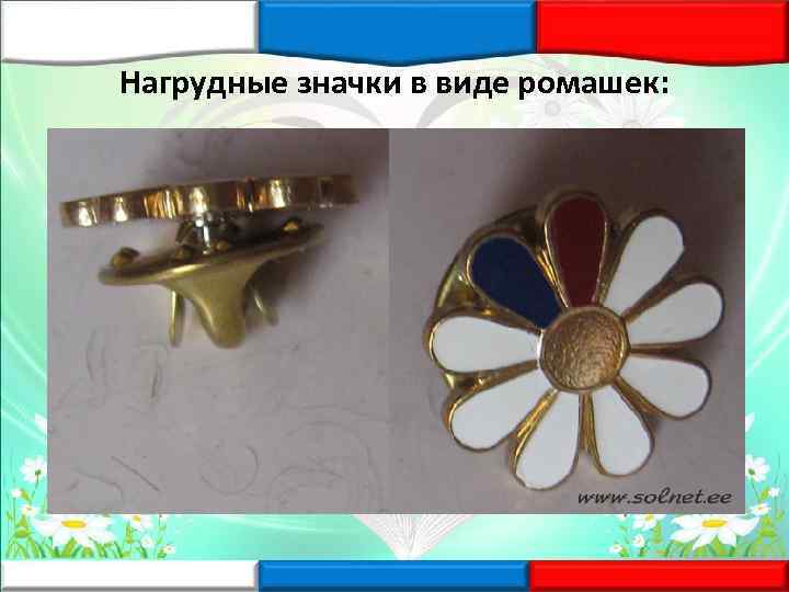 Нагрудные значки в виде ромашек: 