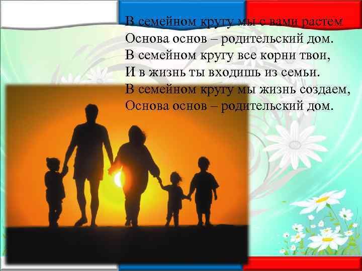 В семейном кругу мы с вами растем Основа основ – родительский дом. В семейном