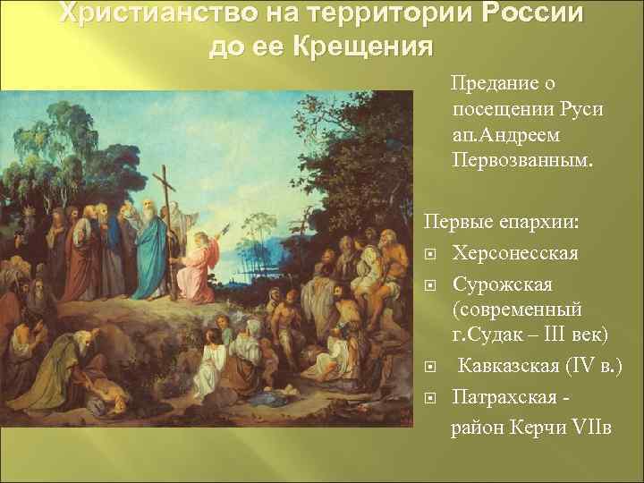 Христианство на территории России до ее Крещения Предание о посещении Руси ап. Андреем Первозванным.