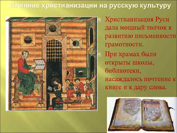 Влияние христианизации на русскую культуру Христианизация Руси дала мощный толчок к развитию письменности, грамотности.