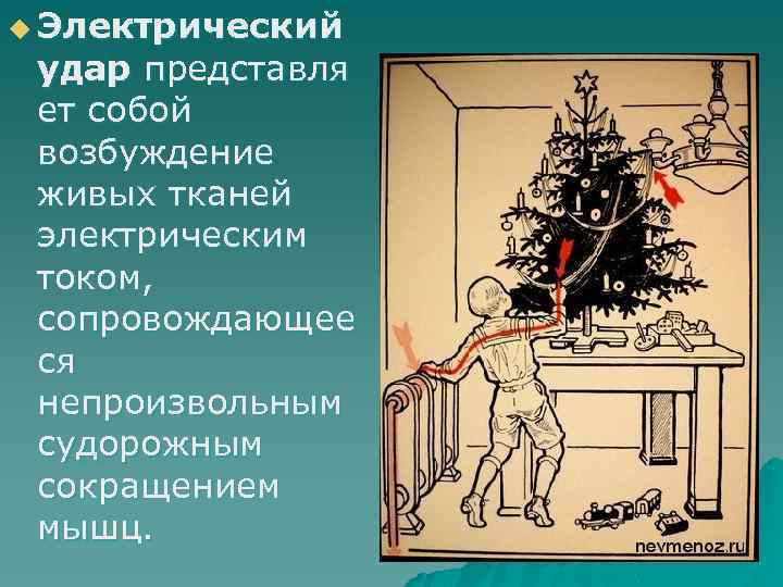 u Электрический удар представля ет собой возбуждение живых тканей электрическим током, сопровождающее ся непроизвольным