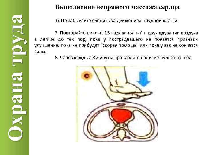 Охрана труда Выполнение непрямого массажа сердца 6. Не забывайте следить за движением грудной клетки.