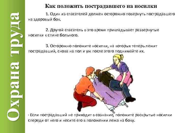 Охрана труда Как положить пострадавшего на носилки 1. Один из спасателей должен осторожно повернуть