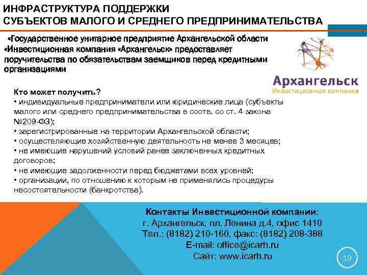 ИНФРАСТРУКТУРА ПОДДЕРЖКИ СУБЪЕКТОВ МАЛОГО И СРЕДНЕГО ПРЕДПРИНИМАТЕЛЬСТВА «Государственное унитарное предприятие Архангельской области «Инвестиционная компания