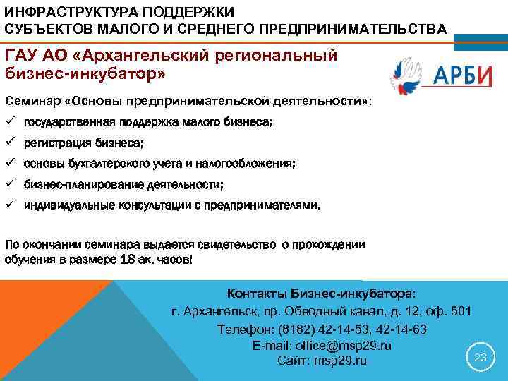 ИНФРАСТРУКТУРА ПОДДЕРЖКИ СУБЪЕКТОВ МАЛОГО И СРЕДНЕГО ПРЕДПРИНИМАТЕЛЬСТВА ГАУ АО «Архангельский региональный бизнес инкубатор» Семинар