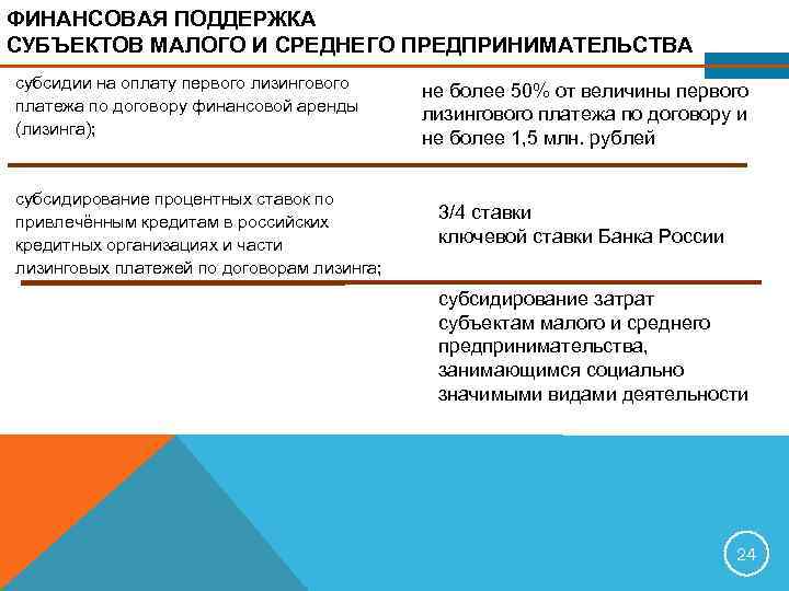 ФИНАНСОВАЯ ПОДДЕРЖКА СУБЪЕКТОВ МАЛОГО И СРЕДНЕГО ПРЕДПРИНИМАТЕЛЬСТВА субсидии на оплату первого лизингового платежа по