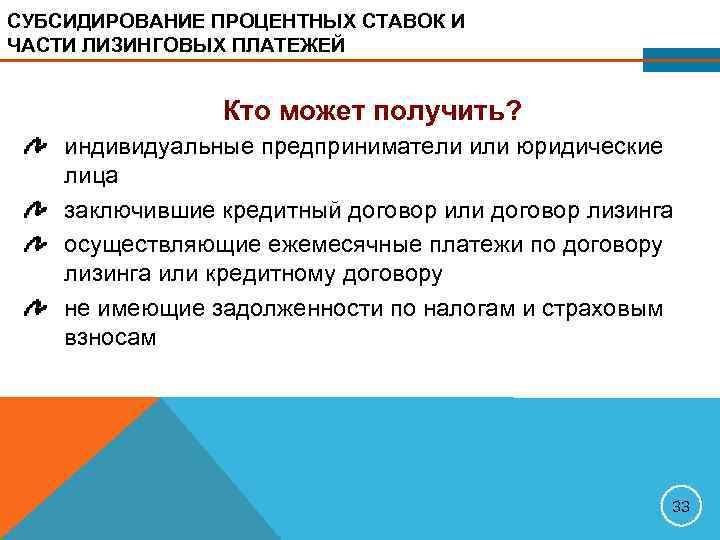СУБСИДИРОВАНИЕ ПРОЦЕНТНЫХ СТАВОК И ЧАСТИ ЛИЗИНГОВЫХ ПЛАТЕЖЕЙ Кто может получить? индивидуальные предприниматели или юридические