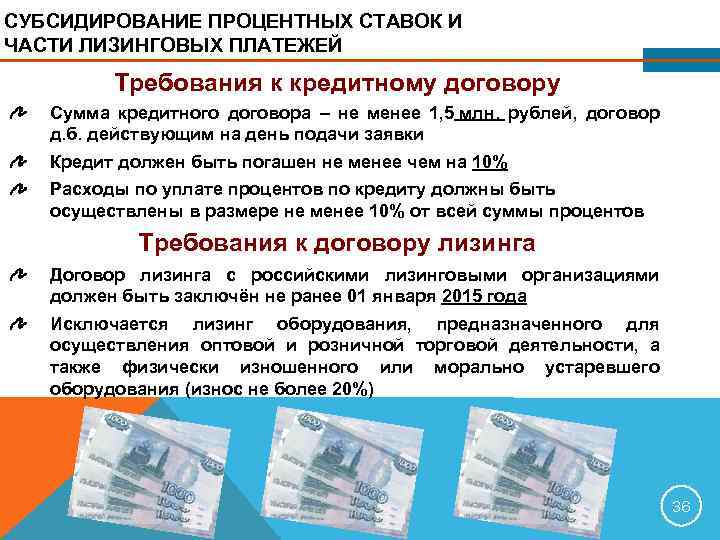 СУБСИДИРОВАНИЕ ПРОЦЕНТНЫХ СТАВОК И ЧАСТИ ЛИЗИНГОВЫХ ПЛАТЕЖЕЙ Требования к кредитному договору Сумма кредитного договора