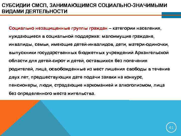 СУБСИДИИ СМСП, ЗАНИМАЮЩИМСЯ СОЦИАЛЬНО ЗНАЧИМЫМИ ВИДАМИ ДЕЯТЕЛЬНОСТИ Социально незащищенные группы граждан – категории населения,