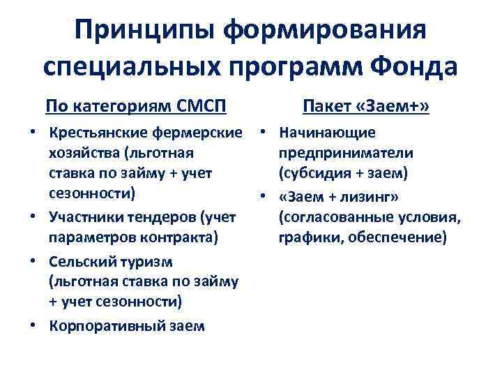 Принципы формирования специальных программ Фонда По категориям СМСП • Крестьянские фермерские хозяйства (льготная ставка