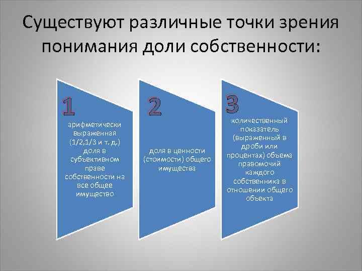 Существуют различные точки зрения понимания доли собственности: 1 арифметически выраженная (1/2, 1/3 и т.