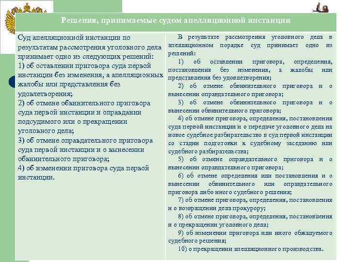 Решения, принимаемые судом апелляционной инстанции Суд апелляционной инстанции по результатам рассмотрения уголовного дела принимает