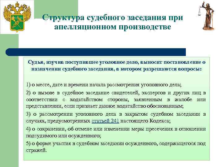 Структура судебного заседания при апелляционном производстве Судья, изучив поступившее уголовное дело, выносит постановление о