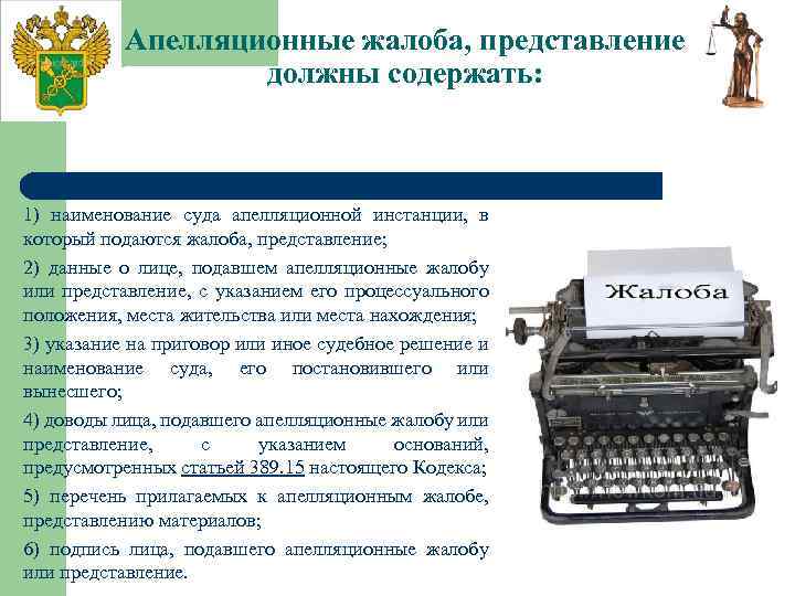 Апелляционные жалоба, представление должны содержать: 1) наименование суда апелляционной инстанции, в который подаются жалоба,