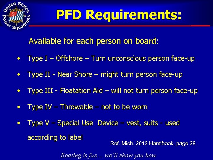 PFD Requirements: Available for each person on board: • Type I – Offshore –